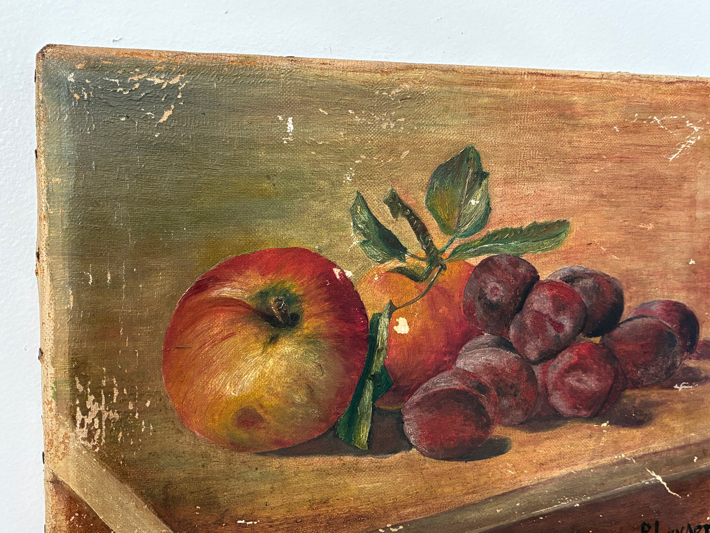 Antique Still Life Painting with plums & apples