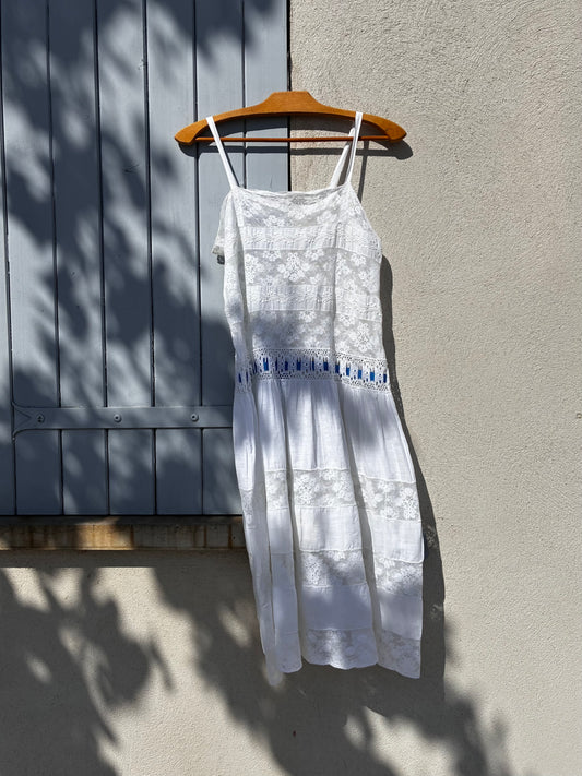 French Vintage Lace Dress with Blue Ribbon