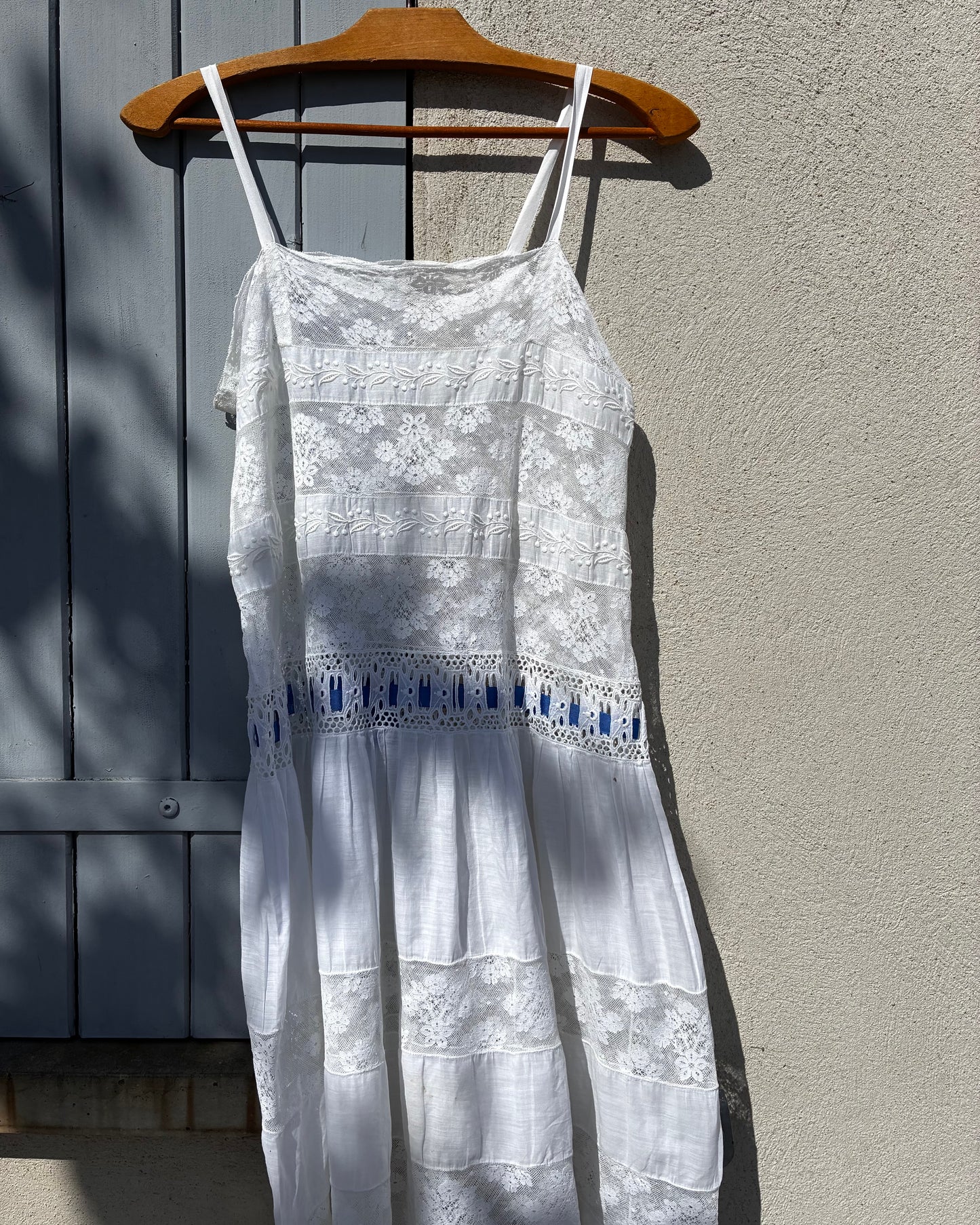 French Vintage Lace Dress with Blue Ribbon