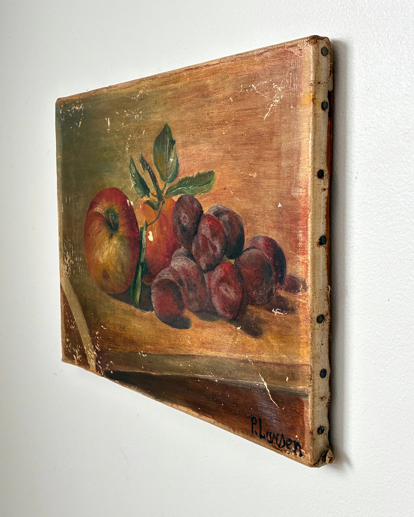 Antique Still Life Painting with plums & apples
