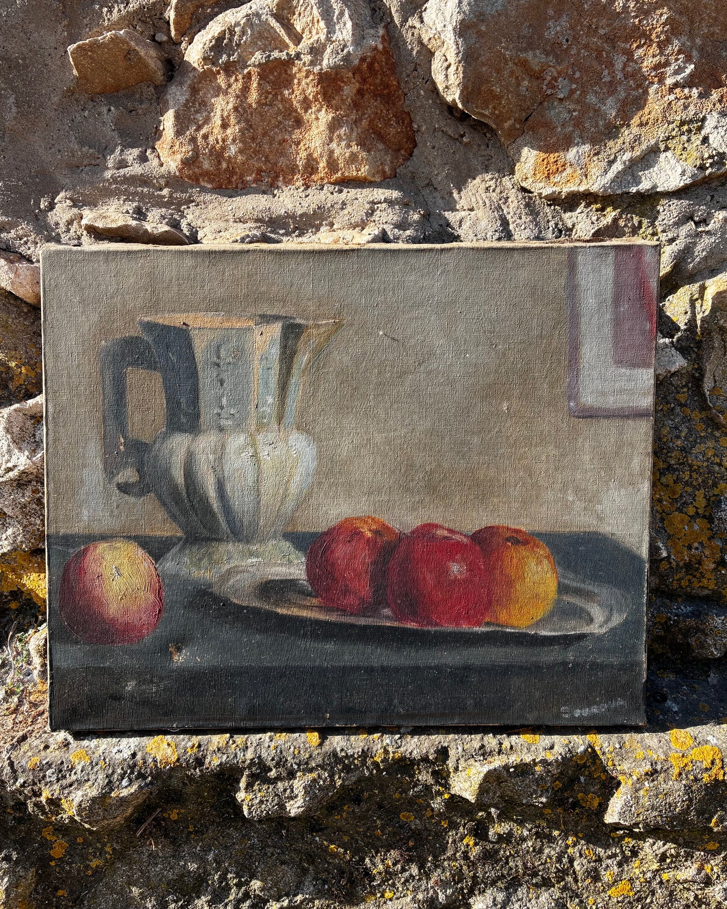 ‘Pommes et Pichet en porcelaine’ Vintage French Oil Painting