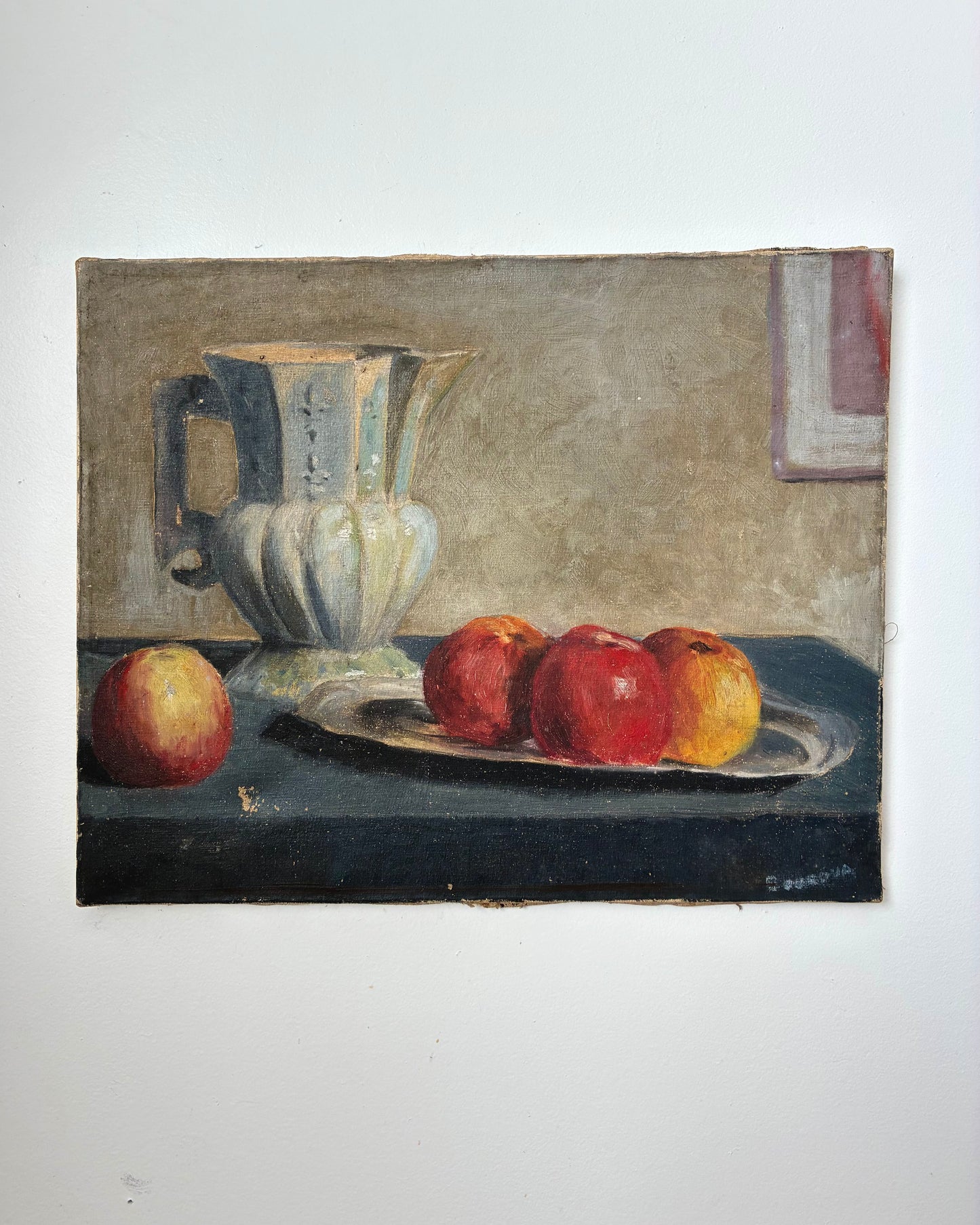 ‘Pommes et Pichet en porcelaine’ Vintage French Oil Painting