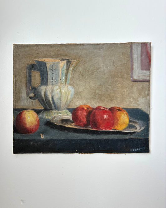‘Pommes et Pichet en porcelaine’ Vintage French Oil Painting