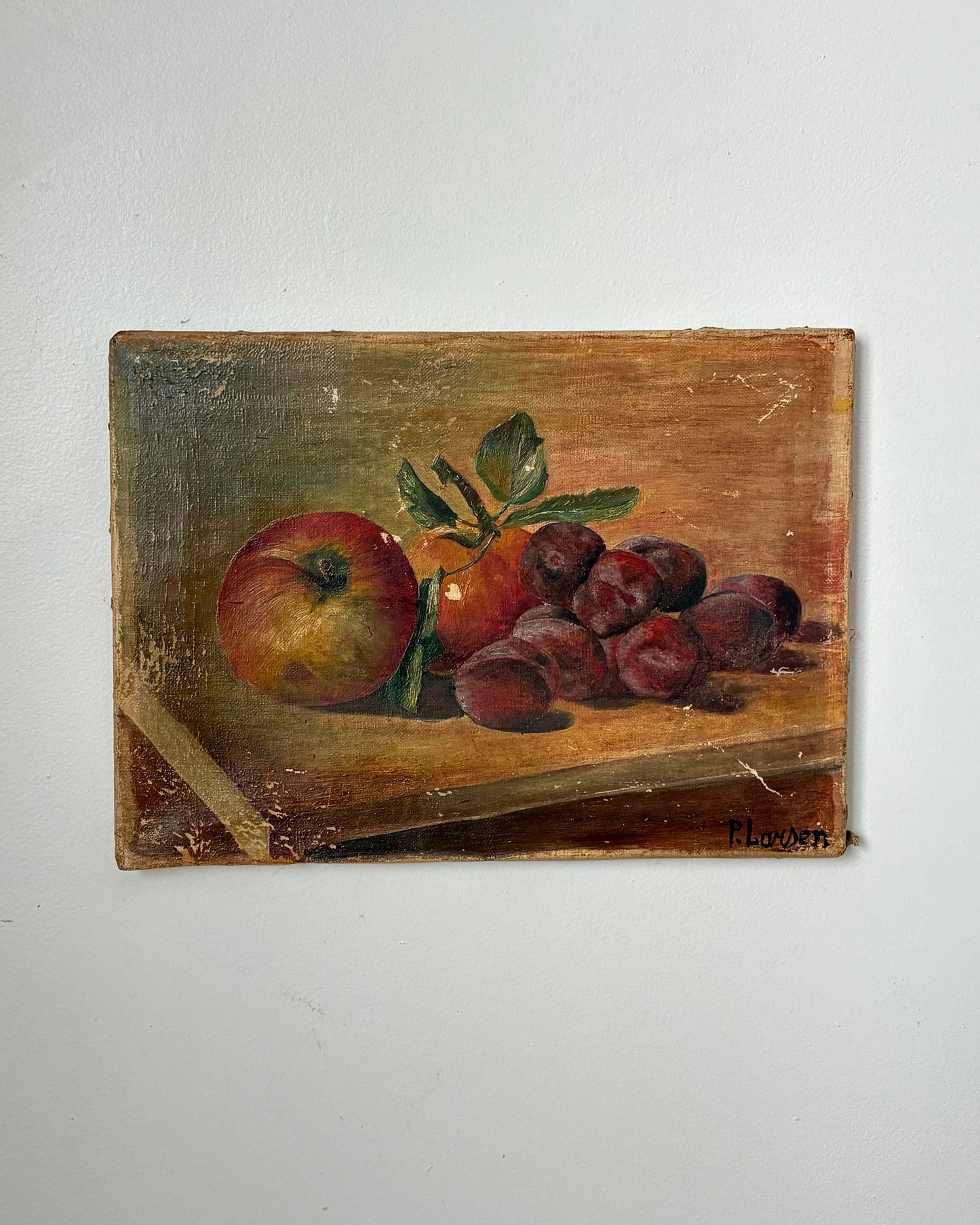 Antique Still Life Painting with plums & apples
