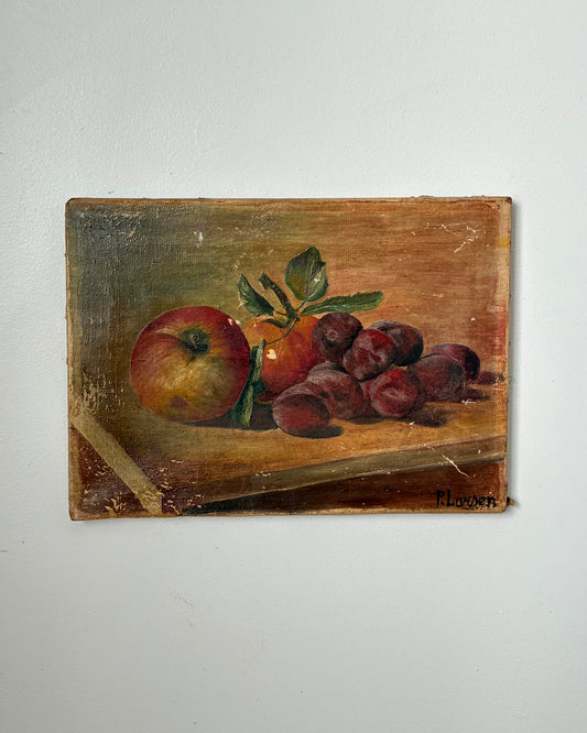 Antique Still Life Painting with plums & apples