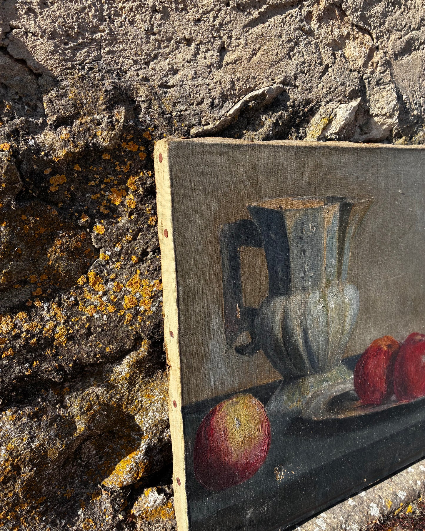 ‘Pommes et Pichet en porcelaine’ Vintage French Oil Painting