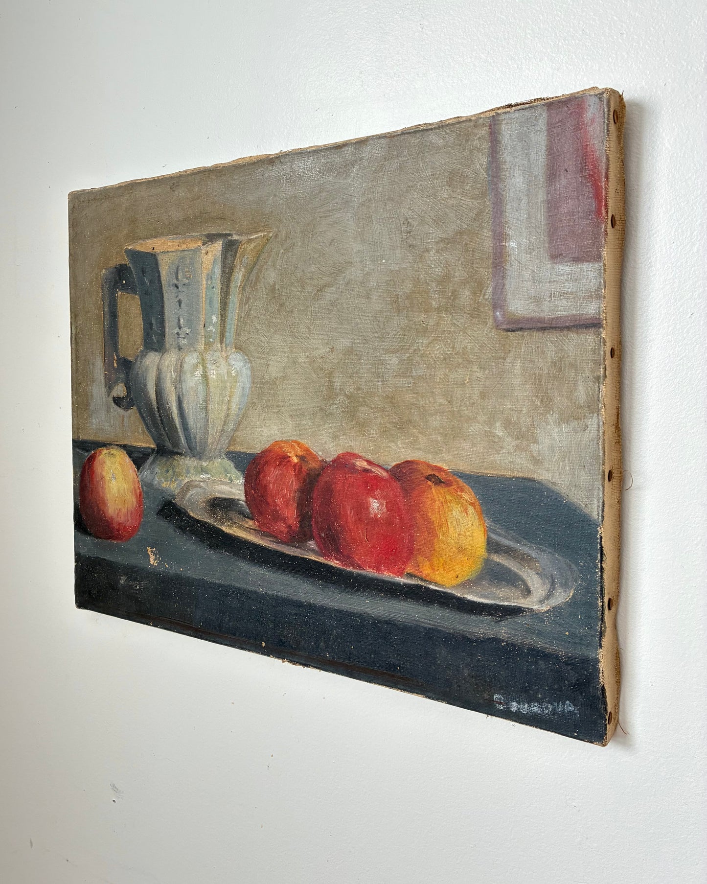 ‘Pommes et Pichet en porcelaine’ Vintage French Oil Painting