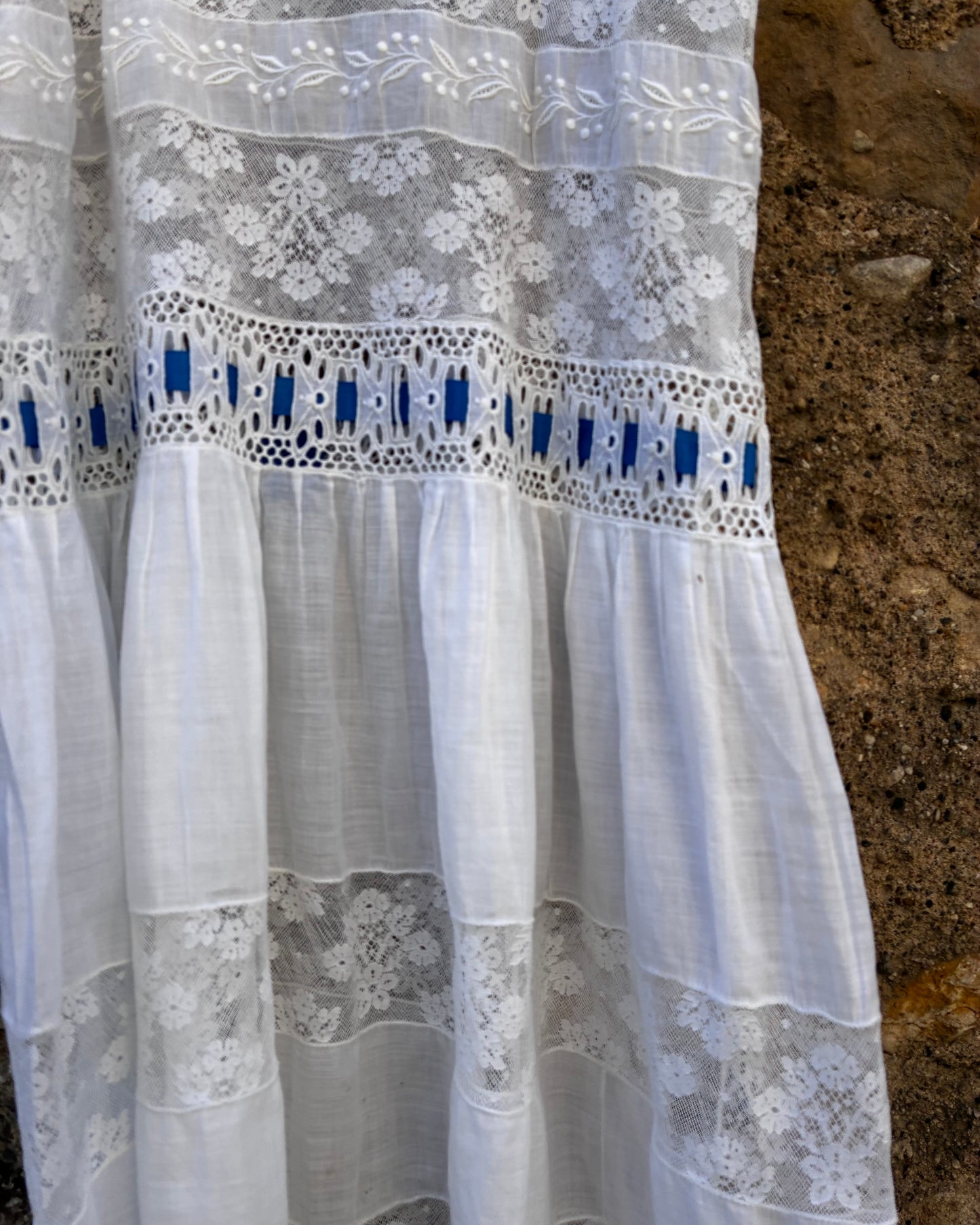 French Vintage Lace Dress with Blue Ribbon