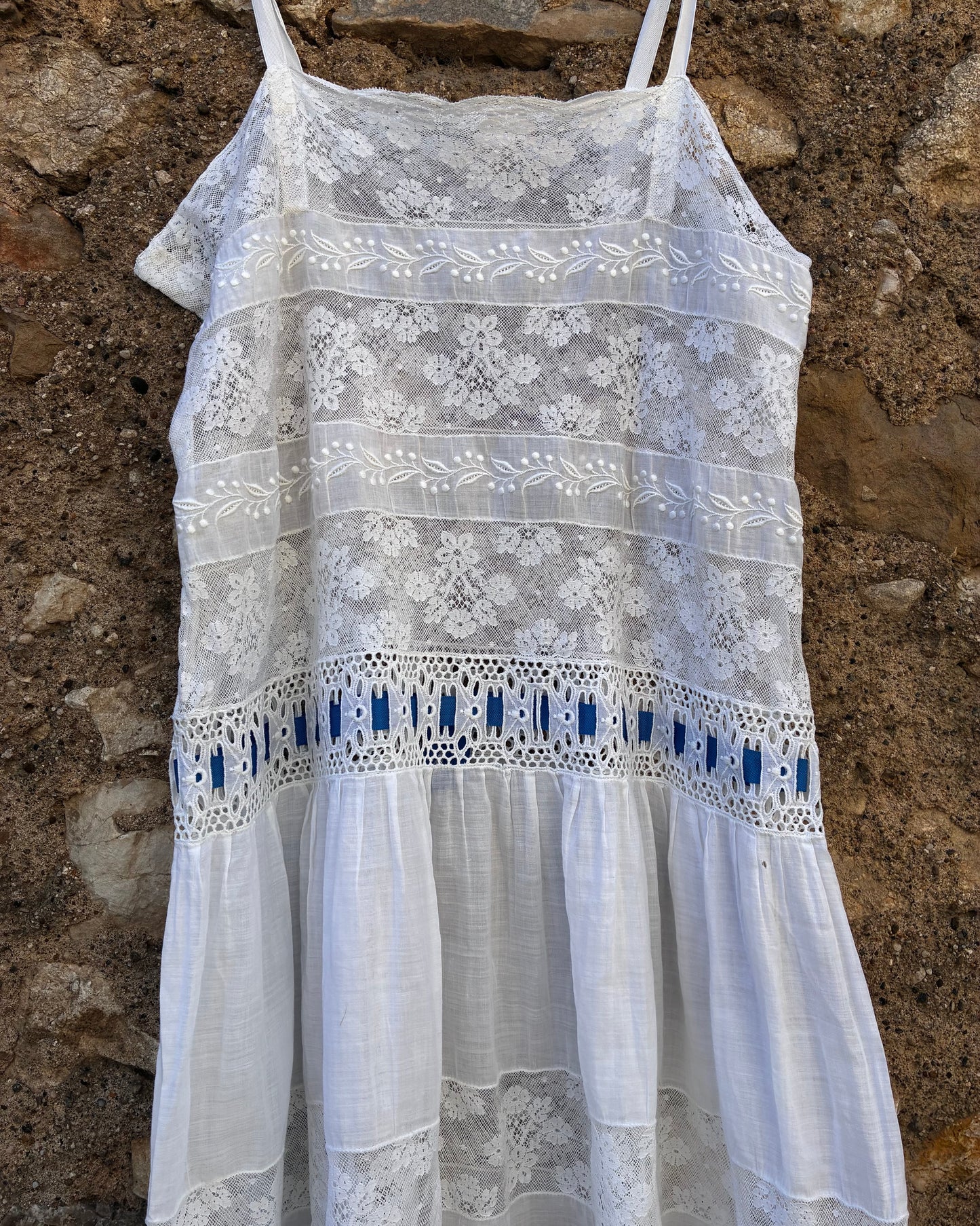 French Vintage Lace Dress with Blue Ribbon