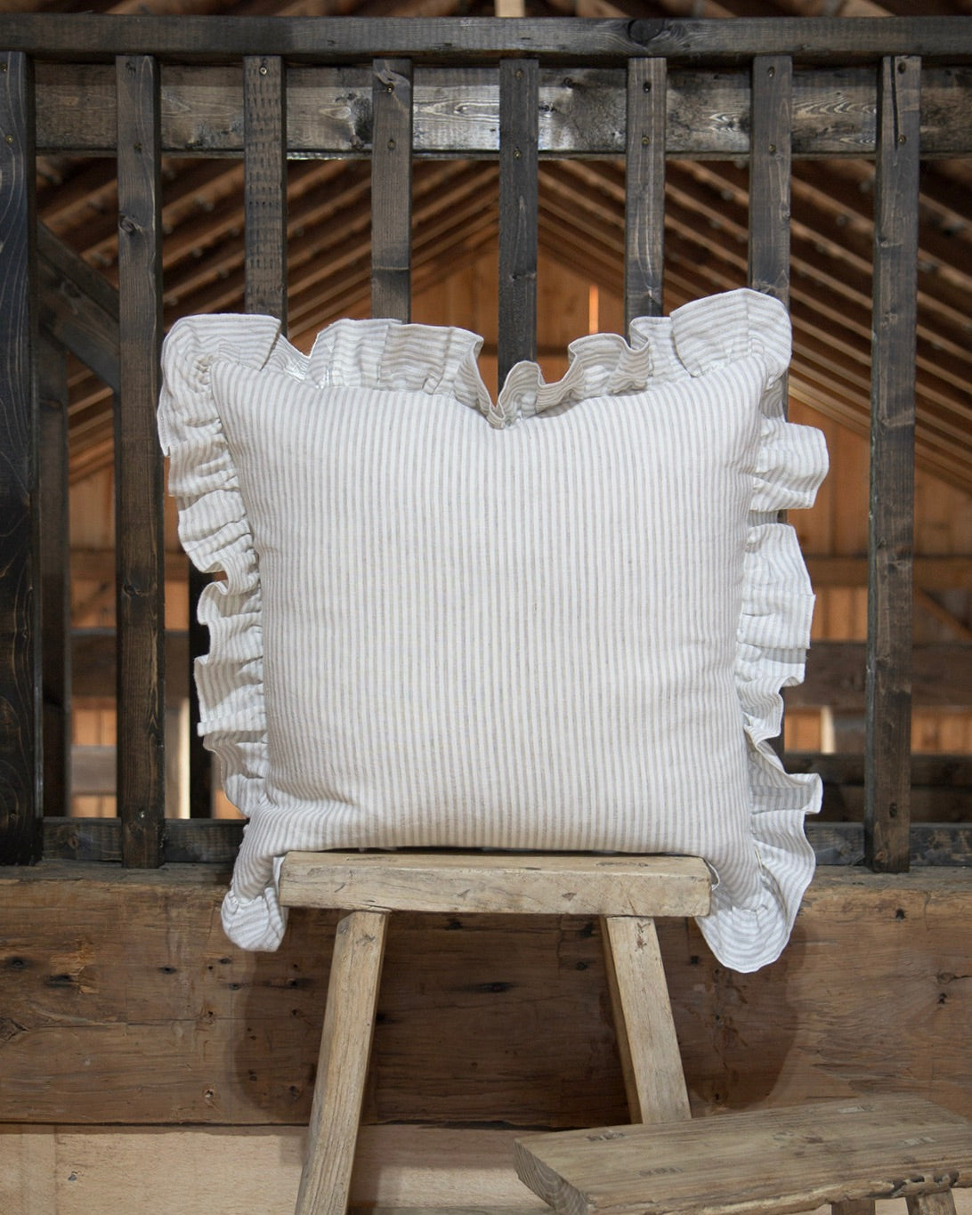 Natural Stripe Linen Pillow with Ruffle